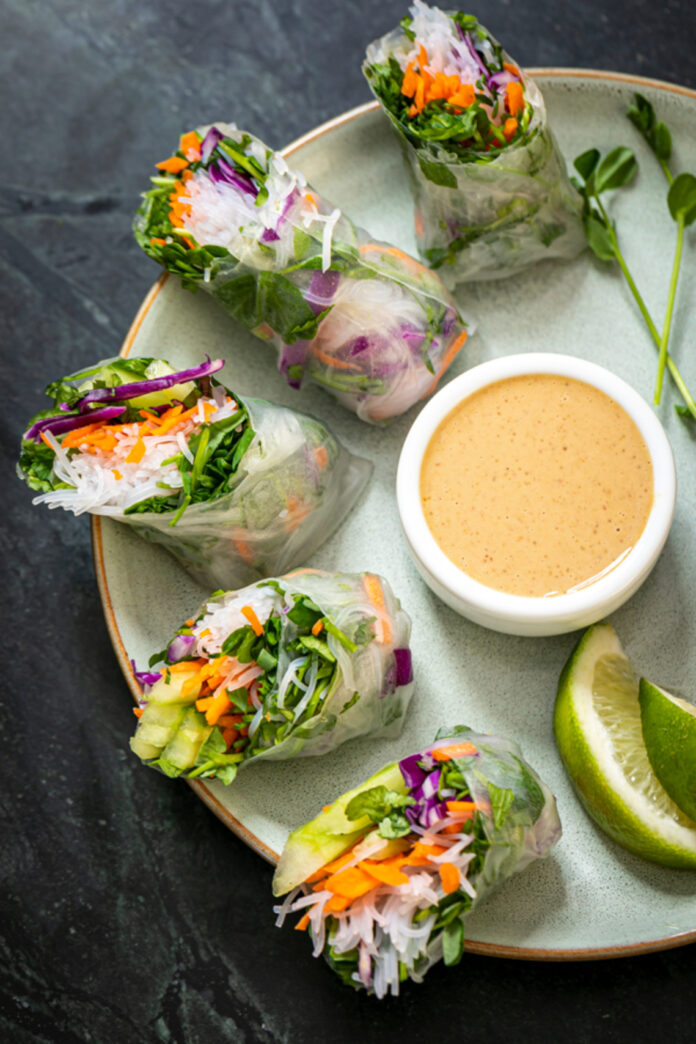 Pea Shoot Spring Rolls with Peanut Sauce