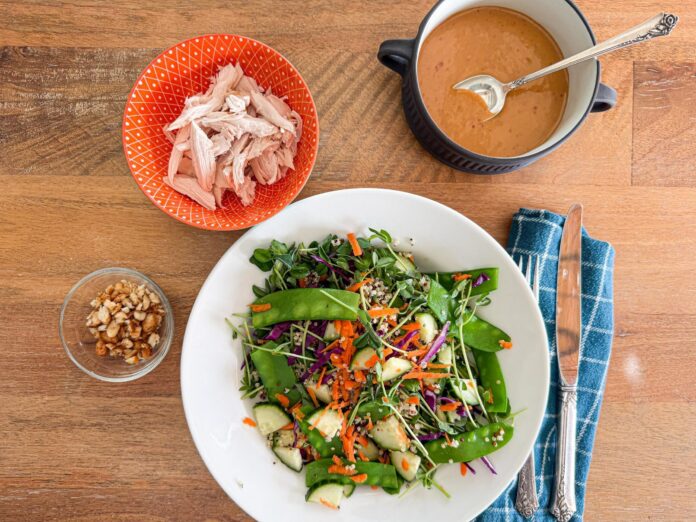 thai chicken and quinoa salad with pea shoots and peanut dressing plated