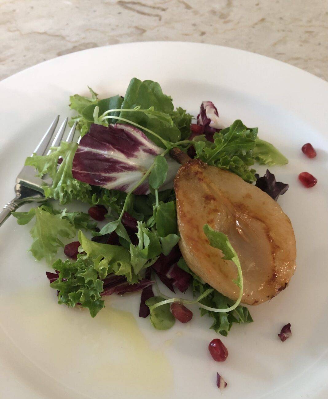 Fall Baby Greens Salad with Roasted Pears