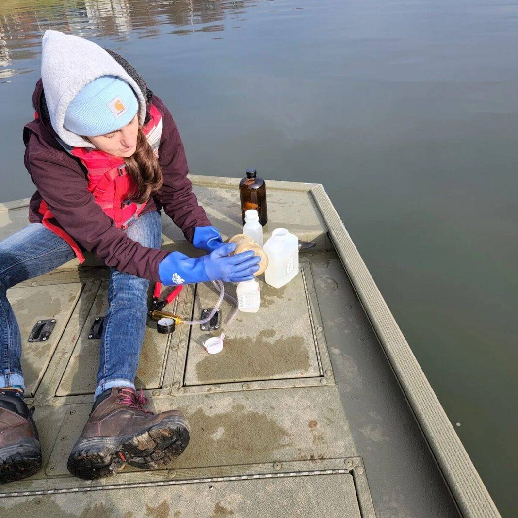 Three Rivers Waterkeeper partners with West Virginia University. A volunteer takes water quality samples on the Ohio River.