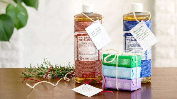 An assortment of liquid and bar soaps from Dr. Bronner's.