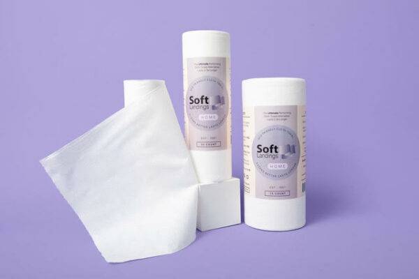Three rolls of paper towels made from bamboo, with the brand name Soft Landings