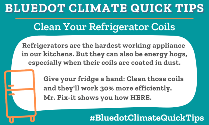 Bluedot Climate Quick Tip on how to clean refrigerator coils of dust to save energy.