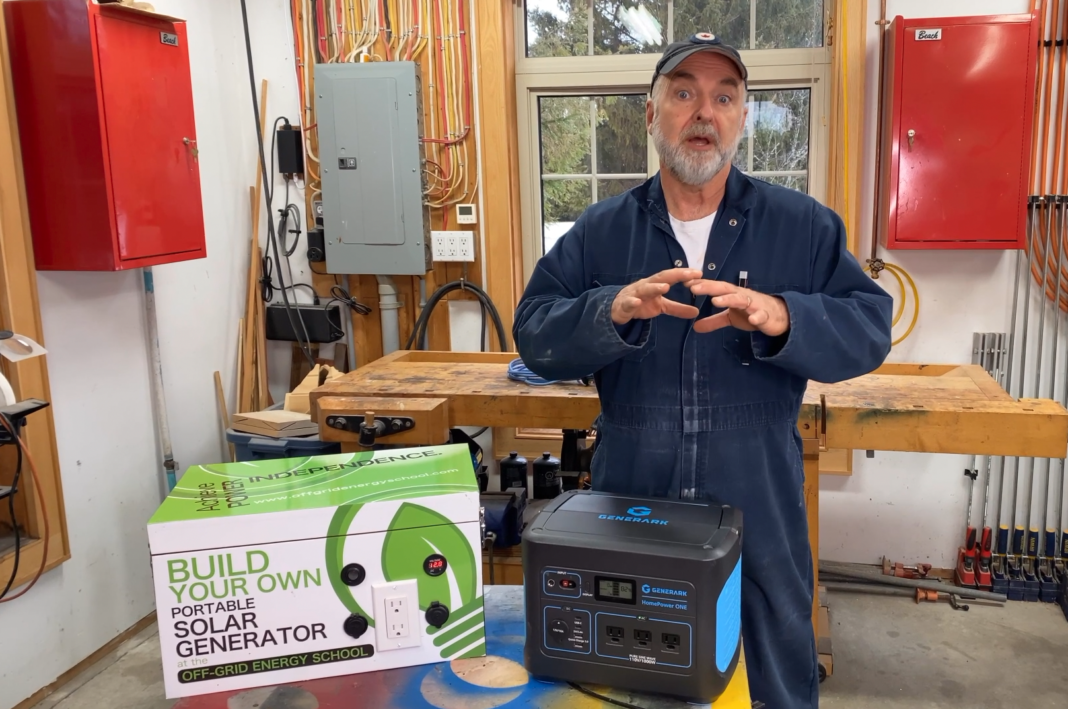 Mr. Fix-it stands in his workshop with two examples of portable power sources that capture solar energy.