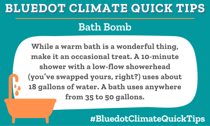 Climate Quick Tip suggests conserving water by investing in a low-flow showerhead and limiting baths.