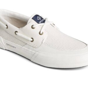 A white boat-style shoe with two eyes and perforated material with a navy Sperry brand logo on the top of the tongue.