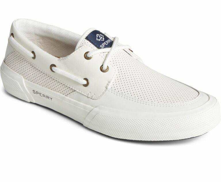 A white boat-style shoe with two eyes and perforated material with a navy Sperry brand logo on the top of the tongue.