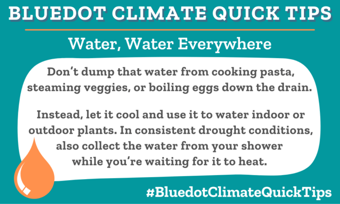 Climate Quick Tips to reuse water at home include using cool cooking water for hydrating indoor or outdoor plants and collecting water from the shower while waiting for it to heat up.