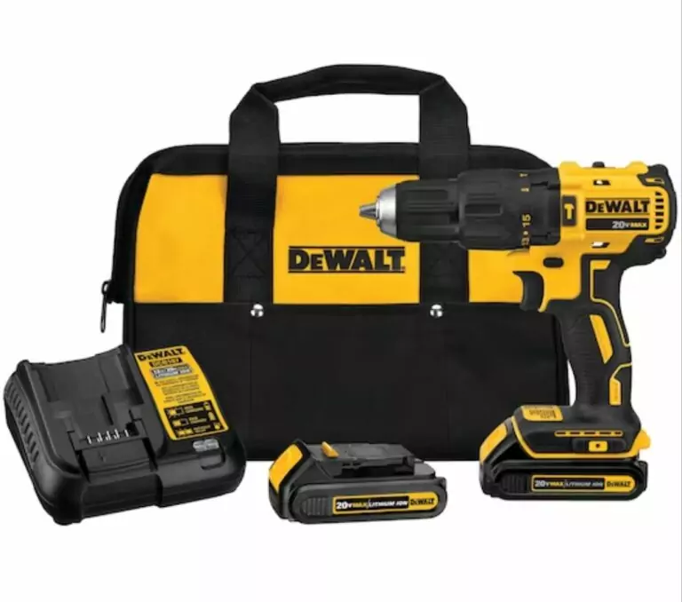 The 20 volt Compact Cordless Drill and Driver Kit from Dewalt, which comes with a yellow and black bag as well as a battery charger and battery.