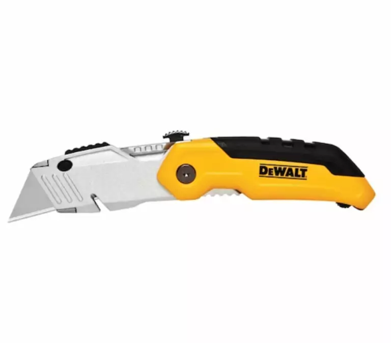 A yellow folding knife with black accents, made by Dewalt brand, to be used for construction work.