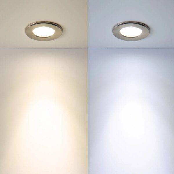 Recessed Lighting with Aluminum from Envision company, shown in both warm tones and cool tones. The user can decide what temperature they want the light to be before installing it. Photo Credit - HomElectrical