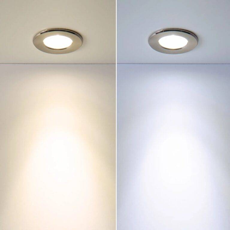 Recessed Lighting with Aluminum from Envision company, shown in both warm tones and cool tones. The user can decide what temperature they want the light to be before installing it. Photo Credit - HomElectrical