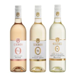 Three bottles of non-alcoholic wine, two white and one rosé, with labels reading Giesen New Zealand