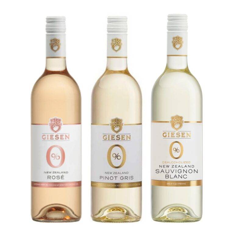 Three bottles of non-alcoholic wine, two white and one rosé, with labels reading Giesen New Zealand