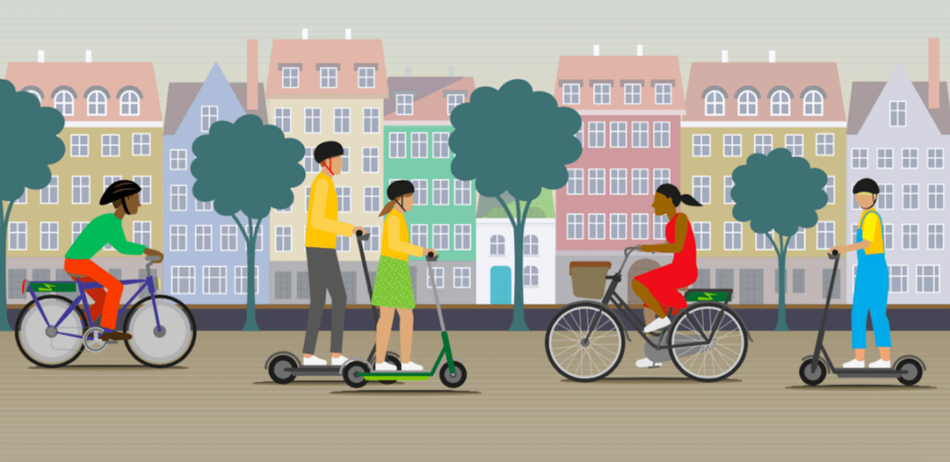 Graphic of urban housing and transportation with electric bikes and scooters.