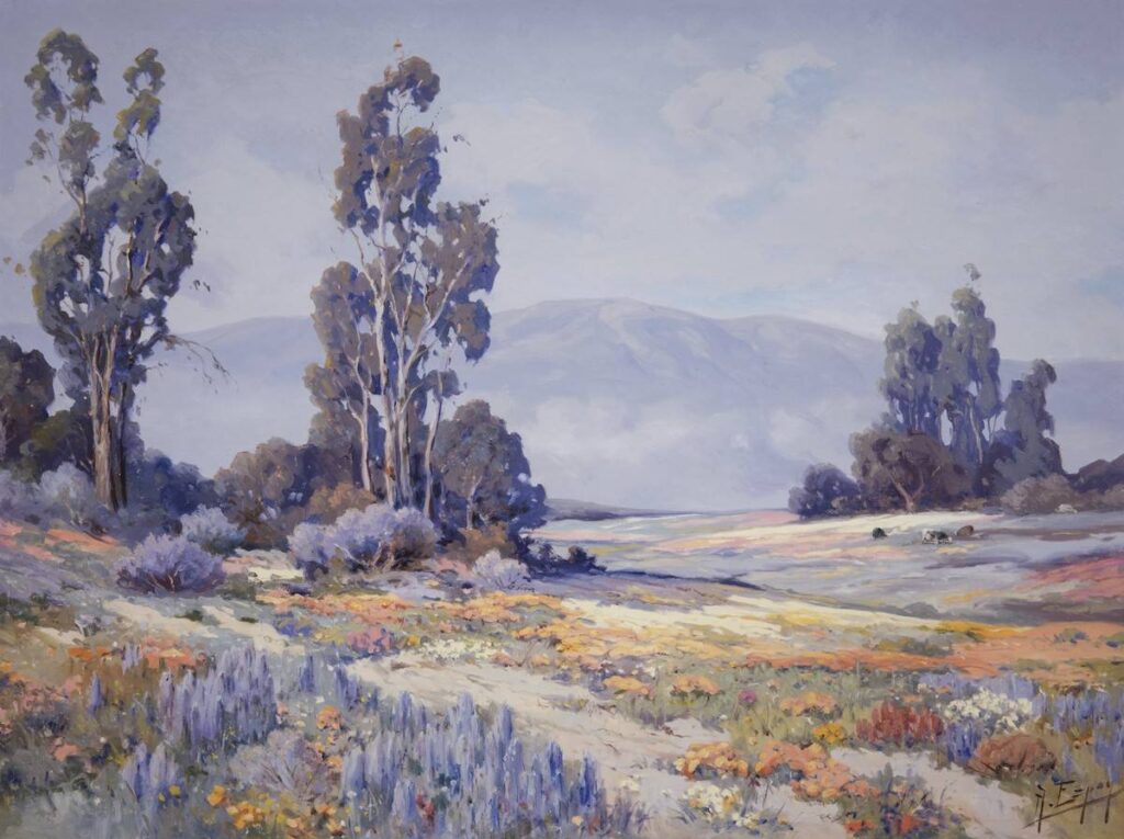 Untitled (Poppies, Lupines and Cows), after 1914, by Angel Espoy. Oil on canvas, 30 x 40 in. —Courtesy UCI Jack & Shanaz Langson Institute & Museum of California Art, Gift of The Irvine Museum