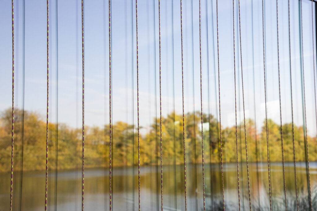 Bird-friendly glass at the The Audubon Discovery Center in Philadelphia. Ropes break up the reflections birds see to prevent window collisions. — Photo courtesy of Audubon/Luke Franke