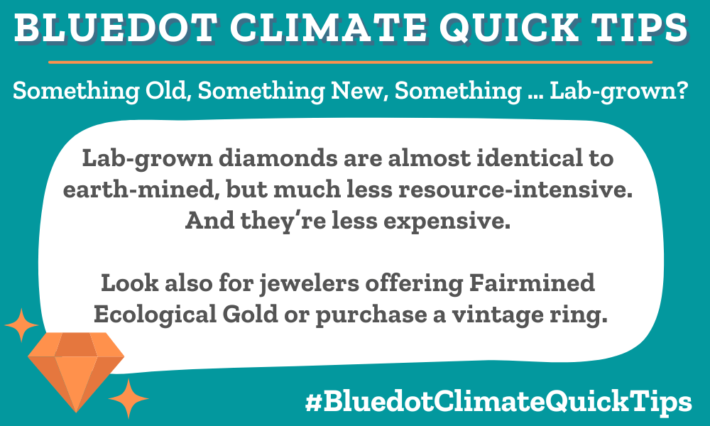 Climate Quick Tip: Something old, something new, something … lab grown? Lab-grown diamonds are almost identical to earth-mined, but much less resource-intensive. And they’re less expensive. Look also for jewelers offering Fairmined Ecological Gold or purchase a vintage ring.