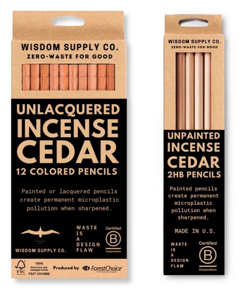 Two cardboard boxes containing unpainted pencils and colored pencils labeled with the brand-name Wisdom Supply Co.: Zero Waste for Good