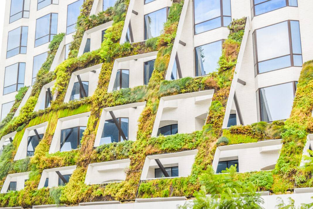 California native plants grace the sculptural facade of 8800 West Sunset Boulevard in West Hollywood. Image courtesy of Shutterstock