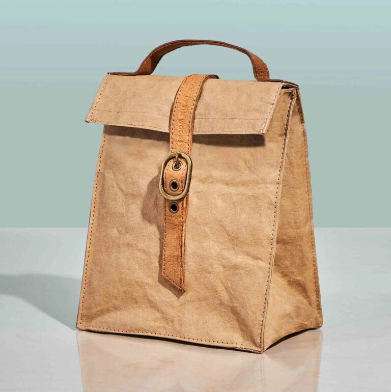 A brown sack with a top handle and buckle strap.