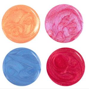 Four circles of liquid shiny nail polish colors: bright orange, bright pink, red, and sky blue.