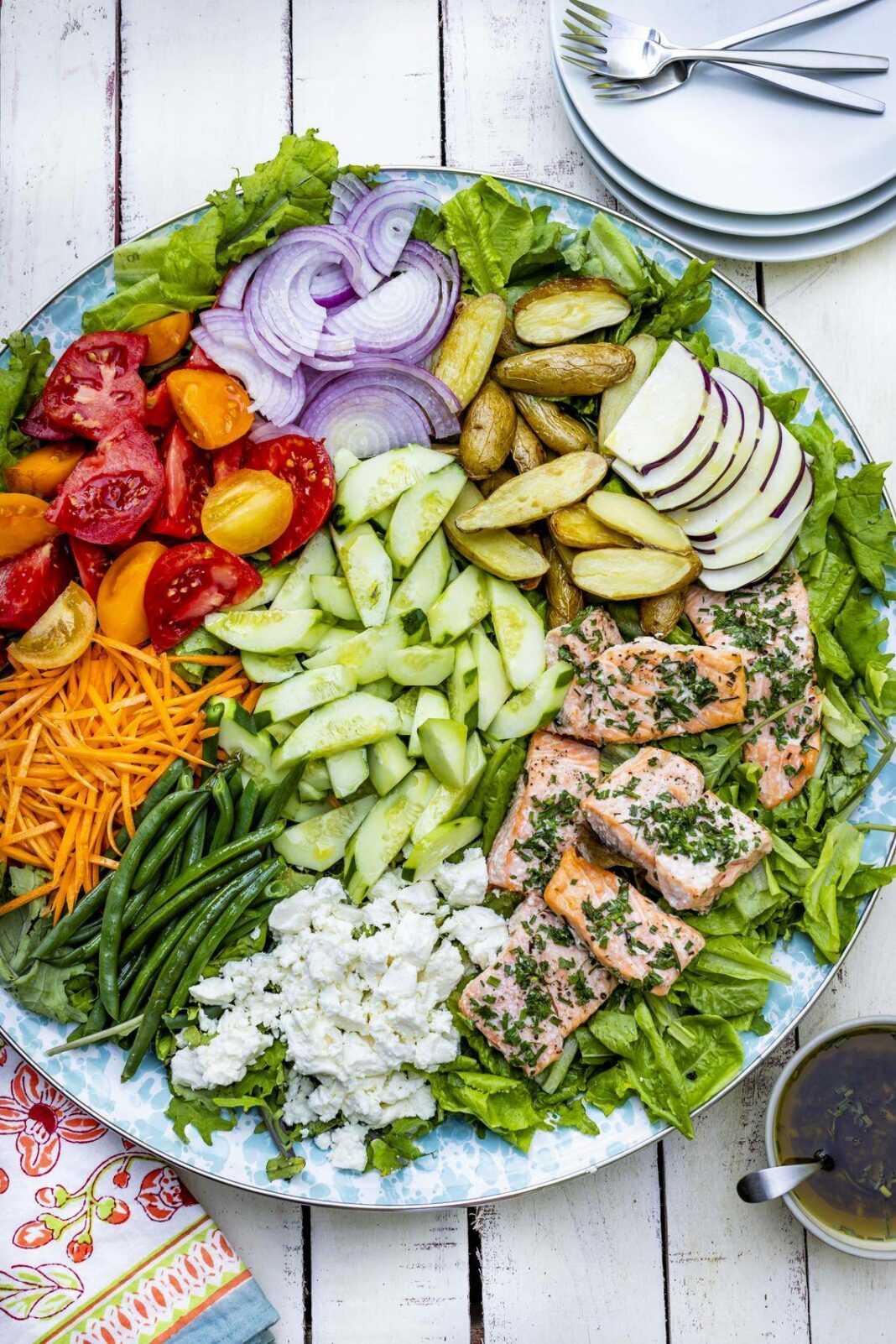 Dinner salad with salmon.