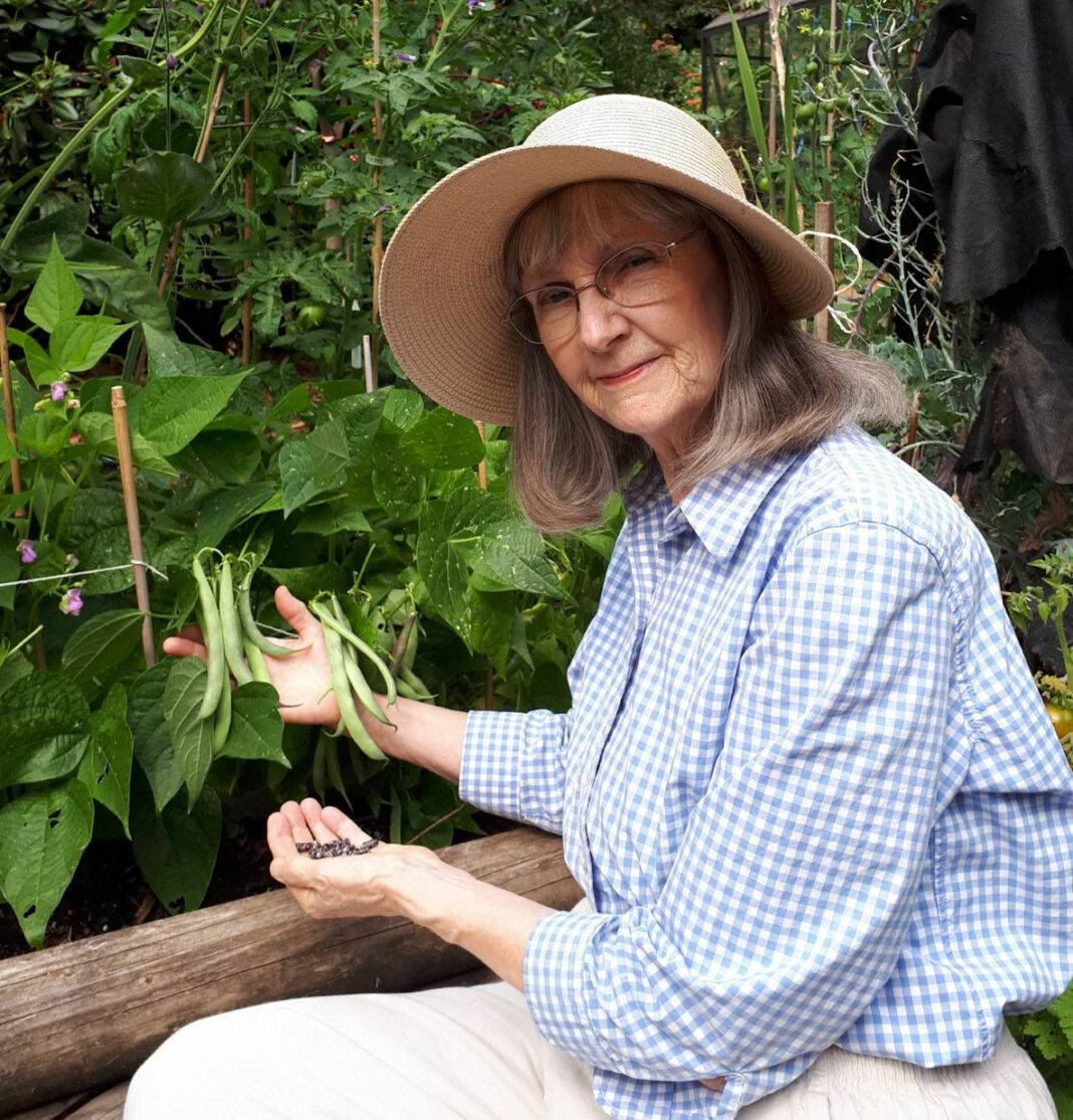 Shirley Bellows in garden with Blue Jay beans.
