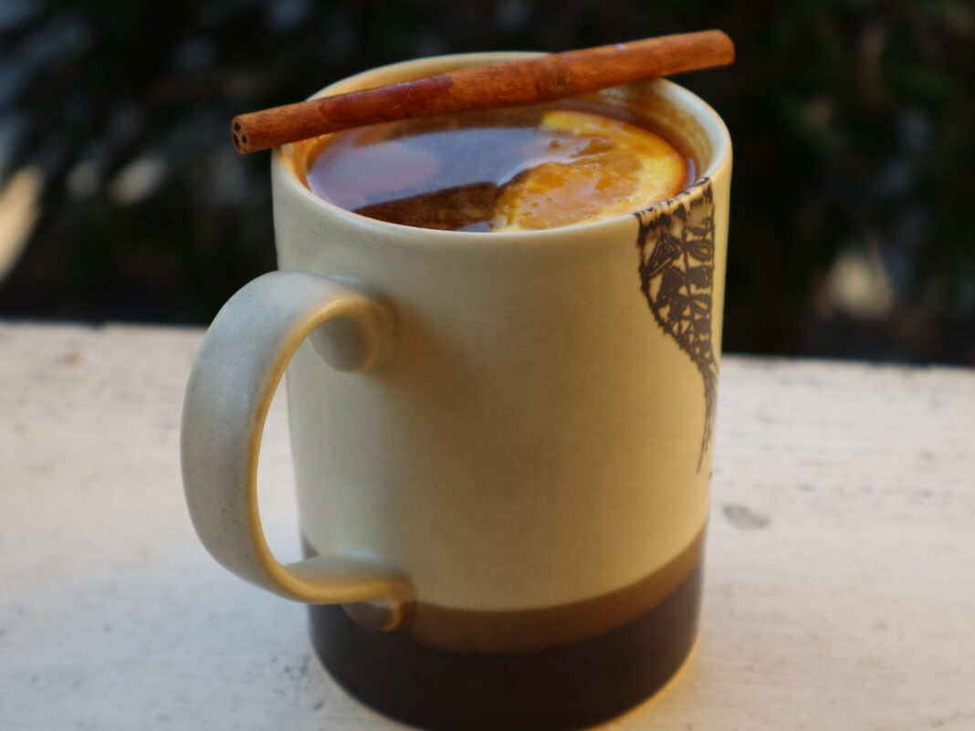 Hot cider with orange slice and cinnamon stick.