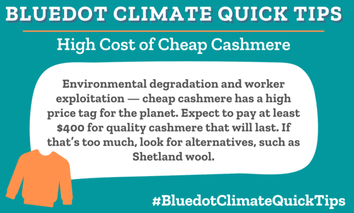 Climate Quick Tip: High Costs of Cheap Cashmere. Environmental degradation and worker exploitation — cheap cashmere has a high price tag for the planet. Expect to pay at least $400 for quality cashmere that will last. If that’s too much, look for alternatives, such as Shetland wool. Fast-fashion cashmere often exploits workers and harms the planet.