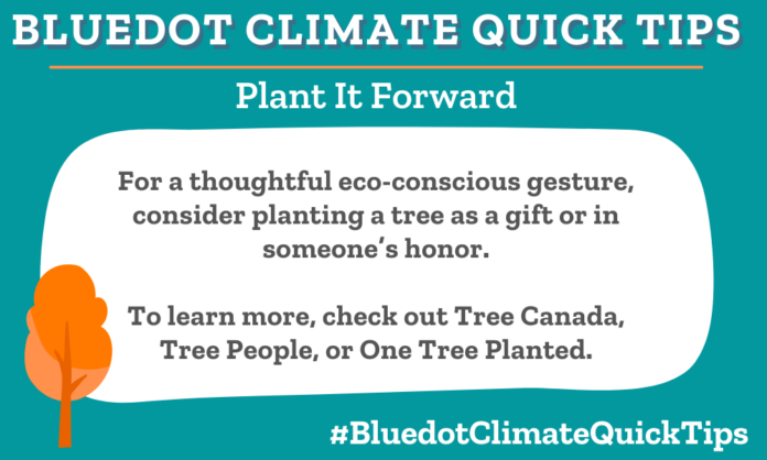 Climate Quick Tip: Plant It Forward: For a thoughtful eco-conscious gesture, consider planting a tree as a gift or in someone’s honor.