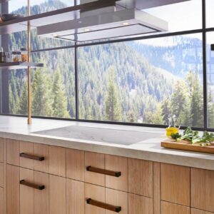 A kitchen with blonde wood cabinets, white marble counters, and an induction stove facing out to a view of a mountainside covered with pine trees.