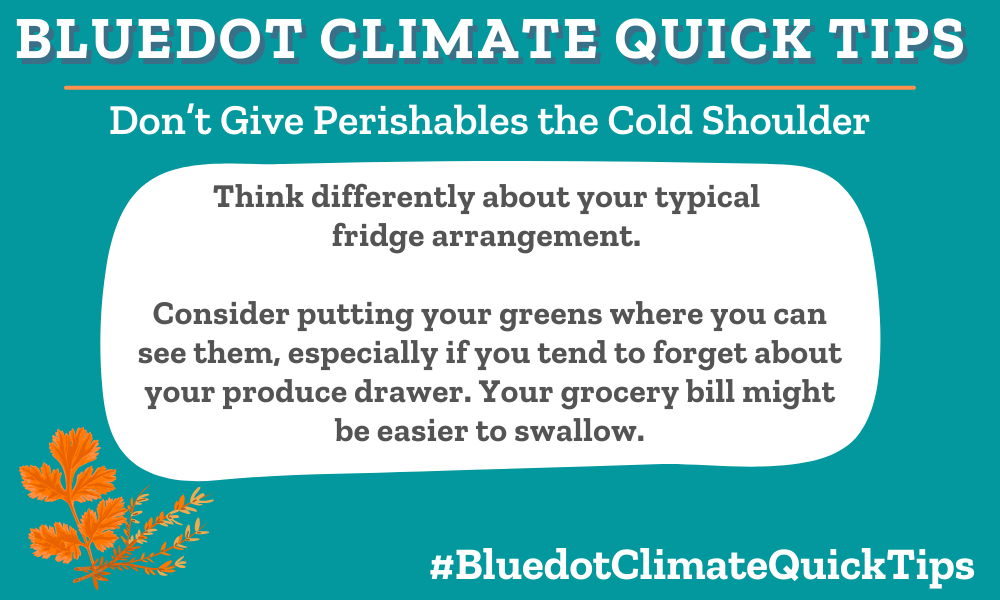 Climate Quick Tip: Donโt Give Perishables the Cold Shoulder. Think differently about your typical fridge arrangement. Consider putting your greens where you can see them, especially if you tend to forget about your produce drawer. Your grocery bill might be easier to swallow. Rearrange your fridge to keep perishable foods top of mind. And, once a week, shop your fridge and make a meal from leftovers.