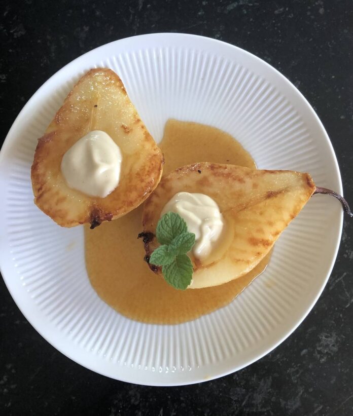 Roasted Pears with Reduced Cider and Cashew Cream