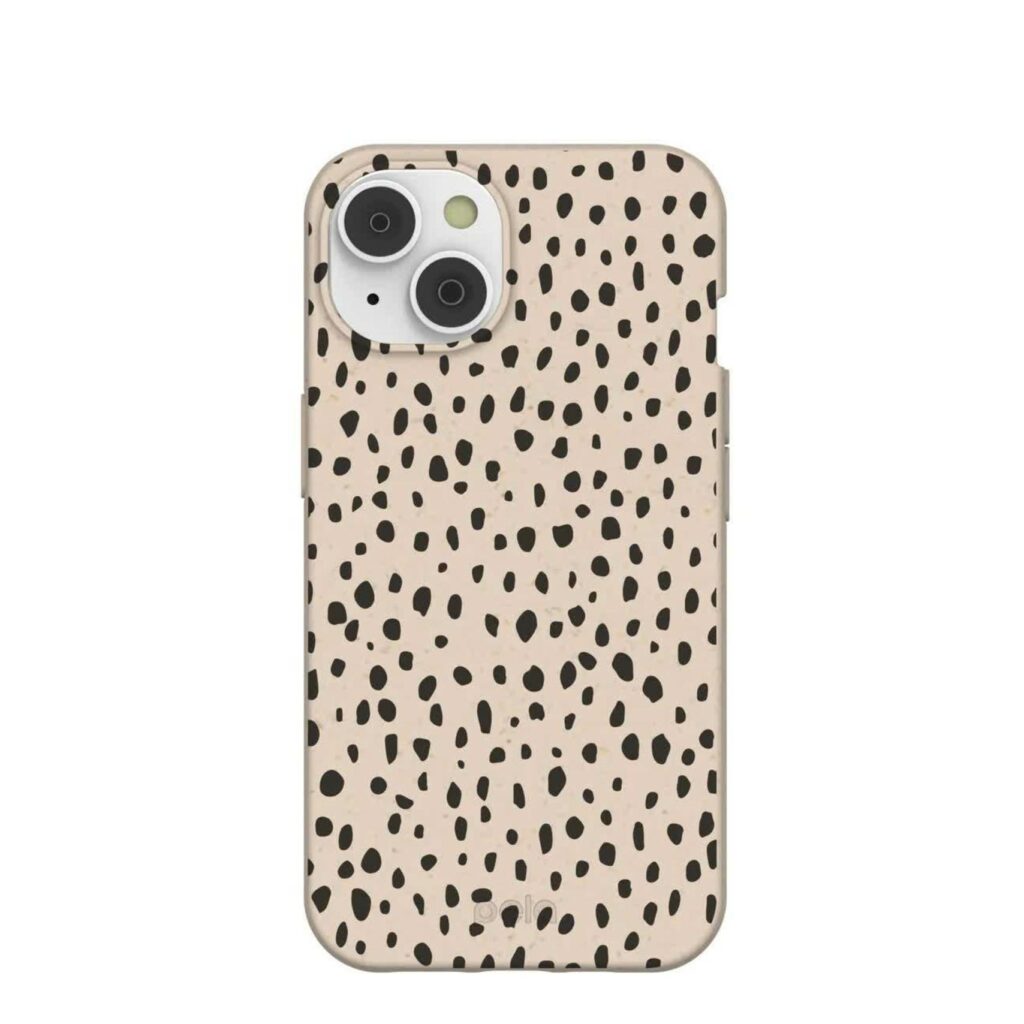 A cell-phone case in a creamy-beige color with a small black speckled print.