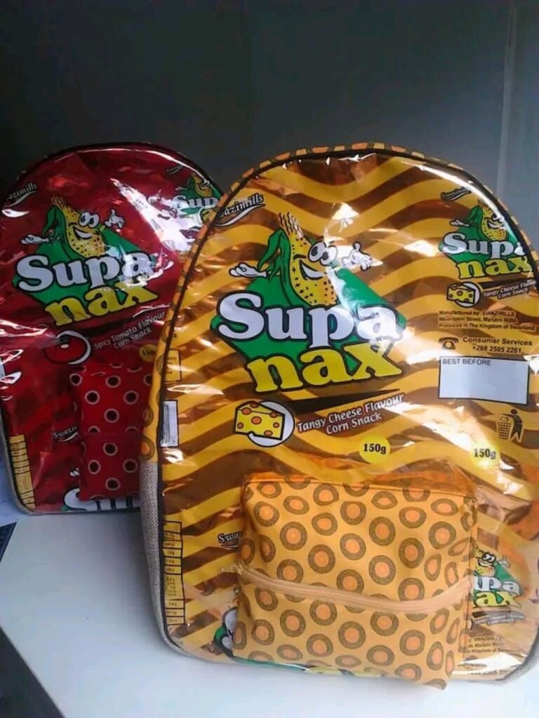 Backpacks made of Supa Nax plastic packaging.