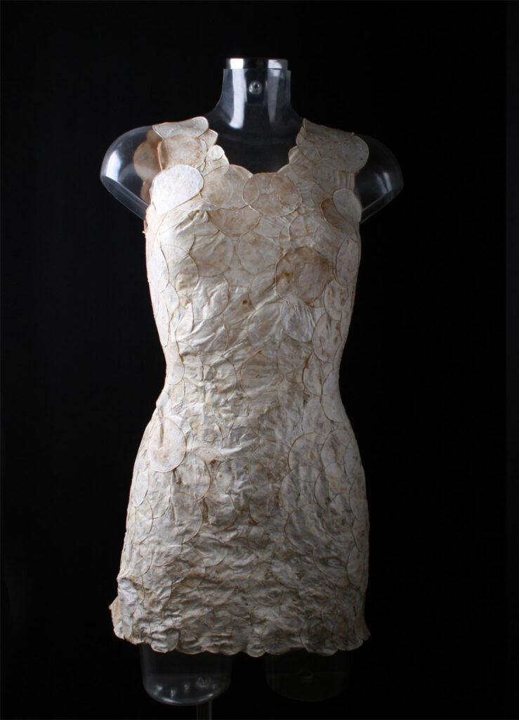 front view of dress on dress form made from mushroom textile on 