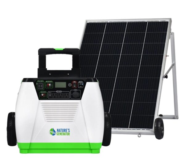 A white portable power generator with the brand name Nature's Generator written on it sits in front of a solar panel on a white background.