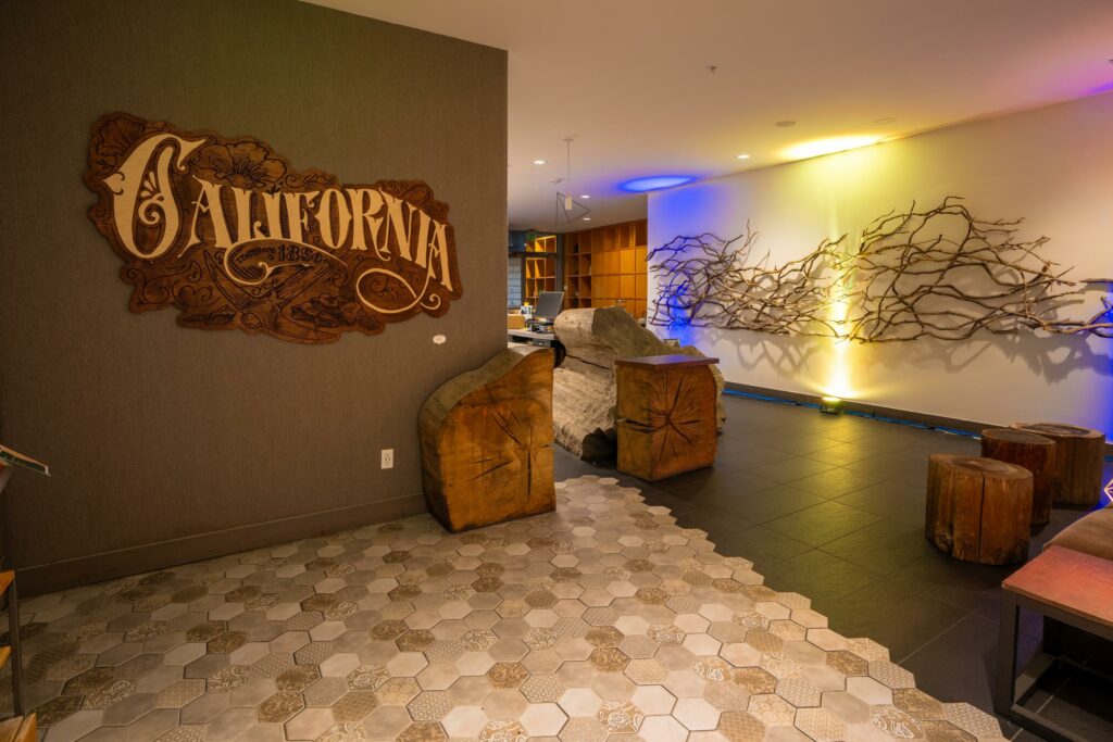 california mural and sign in hotel lobby
