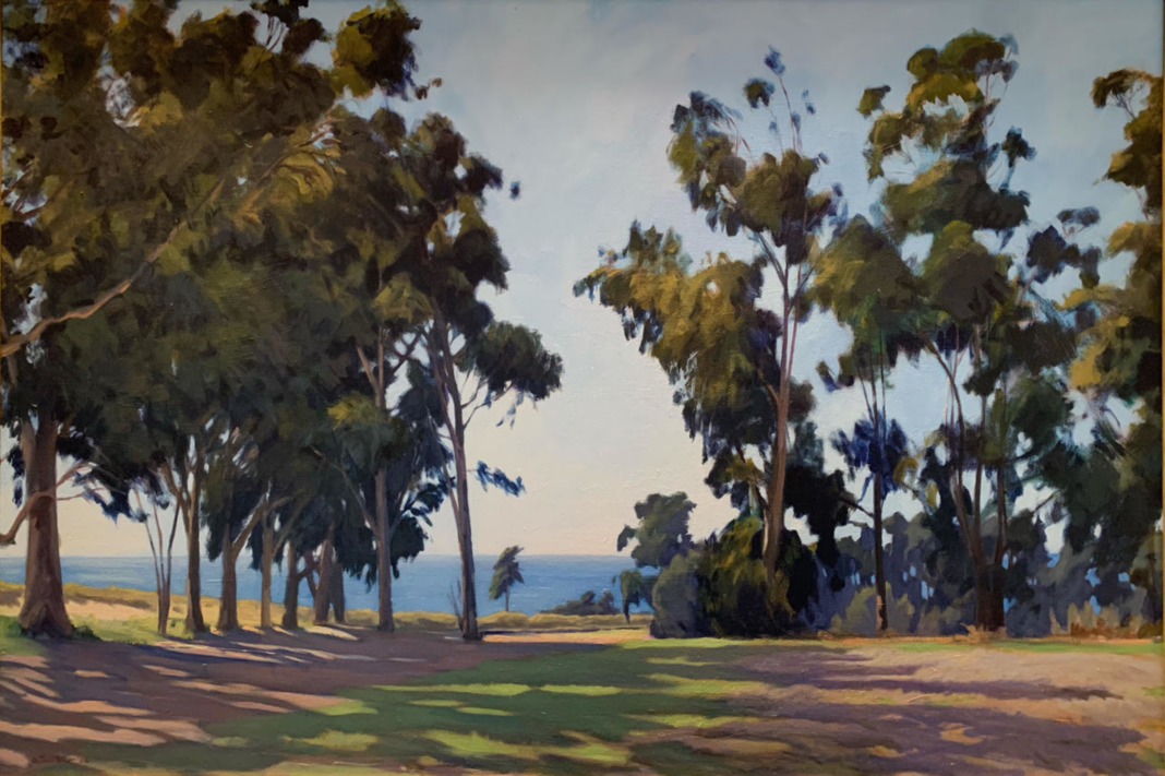 painting of trail under eucalyptus trees