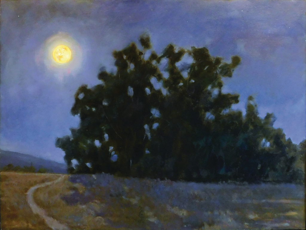 painting of trail, trees, and full moon