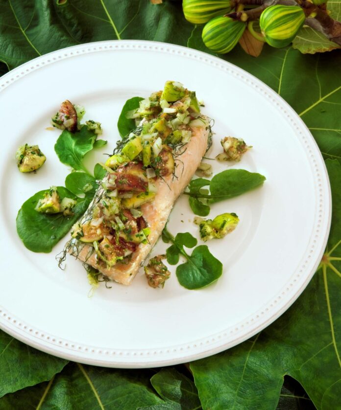 Fig Leaf Roasted Salmon with Fig Fennel Relish.