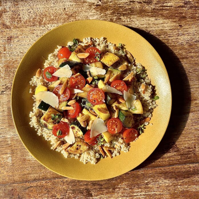 Sautéed Summer Squash, Zucchini, Cherry Tomatoes, and Toasted Almond Salad