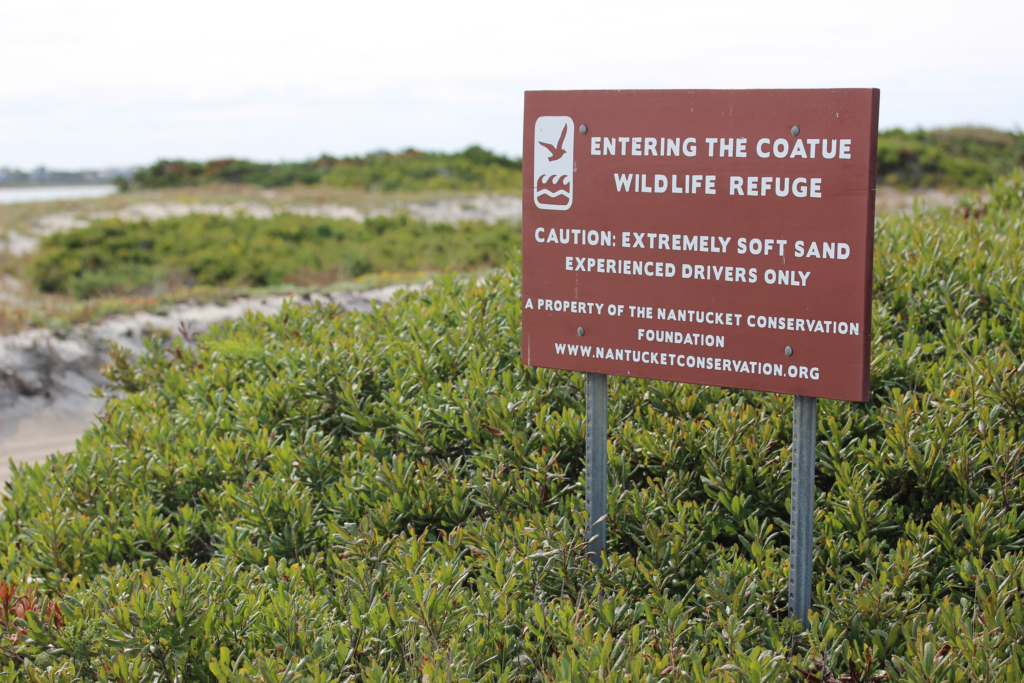 A sign that reads "entering the coatue wildlife refuge."