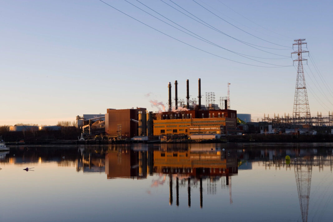 power plant reflection on water