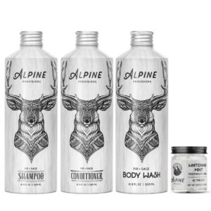 Three aluminum bottles, each with a line drawing of a deer on them and the brand name Alpine Provisions and the size noted as 16.9 ounces. One is a shampoo, one a conditioner, one a body wash, all in the Fir + Sage scent. A small glass bottle with a black top to the right, filled with white tablets, is labeled with the same Alpine Provisions brand, as well as “Whitening Mint Toothpaste Tabs.”
