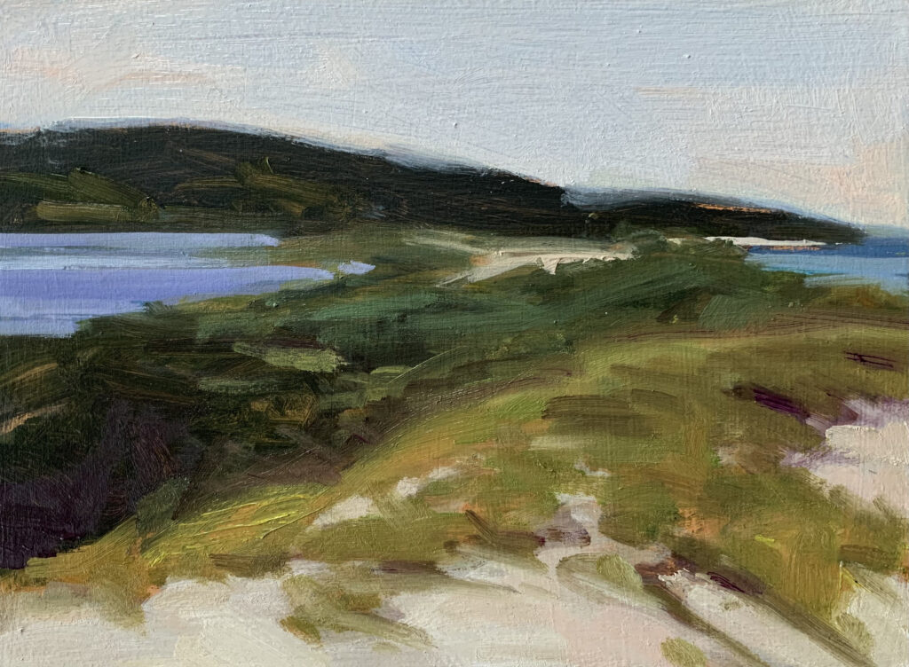 oil painting of pond and shore