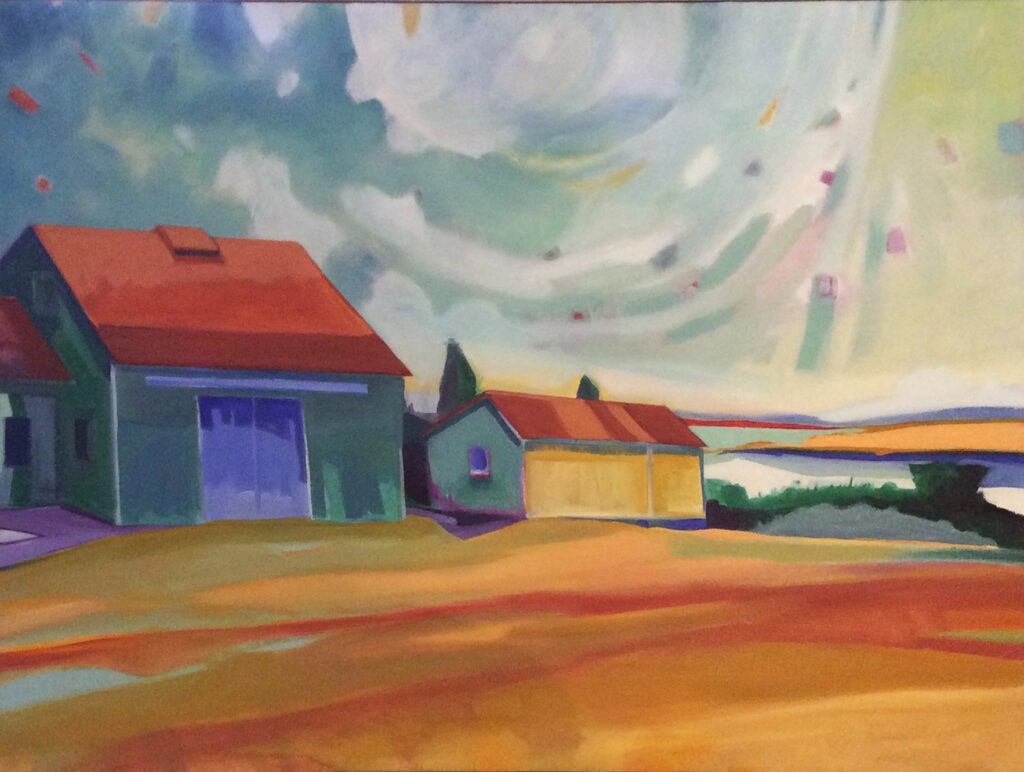 painting of two barns