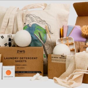 An assortment of items for sustainable living, some still in a cardboard box, including laundry sheets, wool laundry balls, a beige tote bag with a woman and the Earth on it, solid shampoo and conditioner bars, and more. A box of laundry sheets is labeled with the brand name ZWS Essentials
