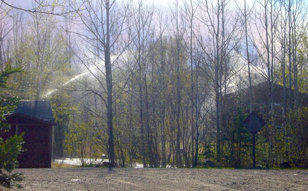 A wide shot of wildfire sprinklers at work wetting trees.